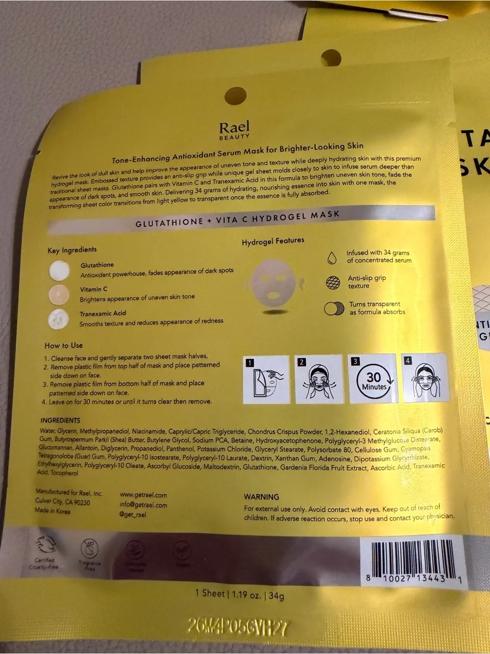 Rare Beauty Glutathione + Vita C Hydrogel Mask — Bright Yellow Sheet Pack